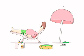 man on vacation.Vector illustration.guy in sunglasses is sunbathing on sun lounger. next to an umbrella,bottle and a glass,flip-flops, an inflatable circle. concept of a beach holiday.cute character.