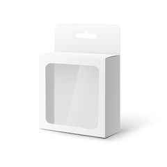 White tab box with plastic window realistic vector mockup illustration isolated.