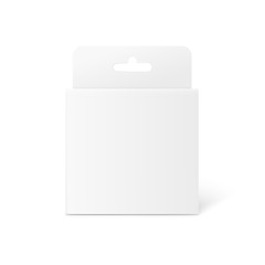 Square white box with hang tab, realistic vector mockup illustration isolated.