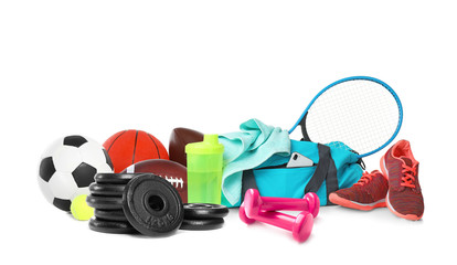 Set of different sport equipment on white background