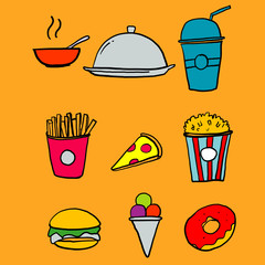 hand drawn Set of Foods, Drinks Related Vector Line Icons. Contains such Icons as Pizza, Fries, Egg, Meat, Sushi, Hamburger, Ice Cream, Donut, Soup, Sandwich, eggs doodle