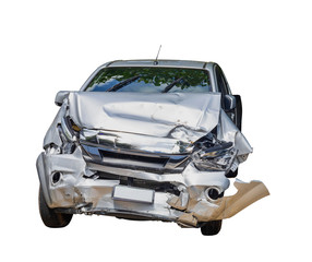 Front of gray color car damaged and broken by accident isolated on white background. Save with...
