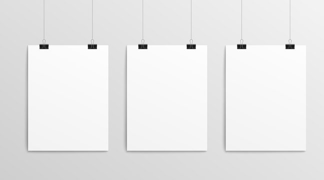 Hanging paper posters - realistic blank template of three white sheets