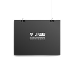 Black poster board hanging on wall realistic mockup vector illustration isolated.
