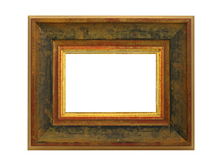 Wooden frame for paintings with gold patina. Isolated on white