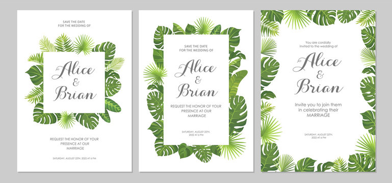 Wedding invitations set. Cards with tropical green leaves design. Floral border. Vector illustration.