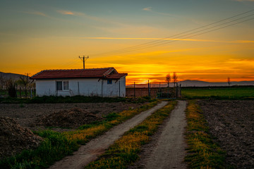 Fototapeta na wymiar A white country house in the sunset and a dirt road leading to this house
