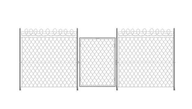 Part of prison wire fence with gate, 3d realistic vector illustration isolated.