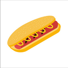 Hot dog icon.
Isometric style. Bun with sausage and mustard. Vector 3d illustration of food. Isolate on a white background.