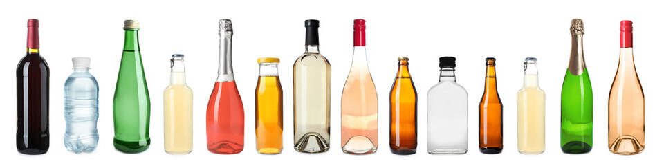 Set of bottles with different drinks on white background. Banner design - obrazy, fototapety, plakaty