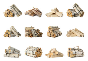 Set of cut firewood bunches on white background