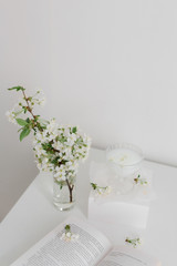 Obraz na płótnie Canvas spring cherry blossoms on a white table with a book