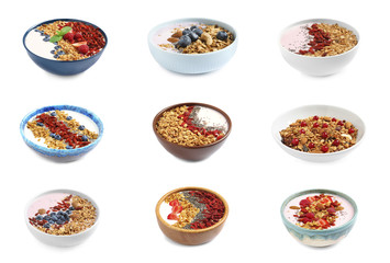 Set of different granola breakfasts with berries on white background