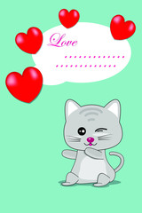 Cartoon design with cat and  heart on green  background