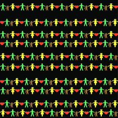 Colorful garlands of people in love on black background: family seamless pattern, wallpaper print design, wrapping texture. Vector graphics.