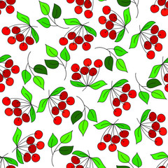 Bright cherries and green leaves on white background: summer seamless pattern, bright wallpaper print design, wrapping texture. Vector graphics.