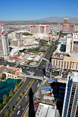 Las Vegas The Strip cityscape skyline seen from the Eiffel Tower at the Paris Hotel and Casino Nevada USA