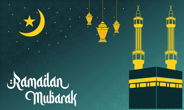 Ramadan Kareem Background. Creative pattern with star and Moon. Calligraphy writing with the Kaaba Sharif illustration. Green gradient background with yellow Muslim lights.
