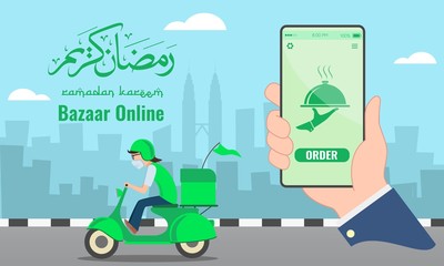Illustration of bazaar online concept via smartphone during ramadan. Arabic text translation - bless the month of ramadan. Ramadan is the fasting month for muslim. Food delivery services