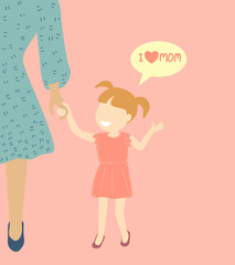 flat design illustration vector of cute girl hold her mother hand and say I love mom