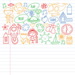 Online education for toddlers. Lessons for children in internet. Vector pattern for kindergarten banners, posters with moon, planet, spaceship, rocket, sun, fruits, house, flowers.