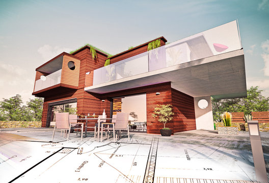 Belle maison moderne d'architecte en bois concept écologie avec plan