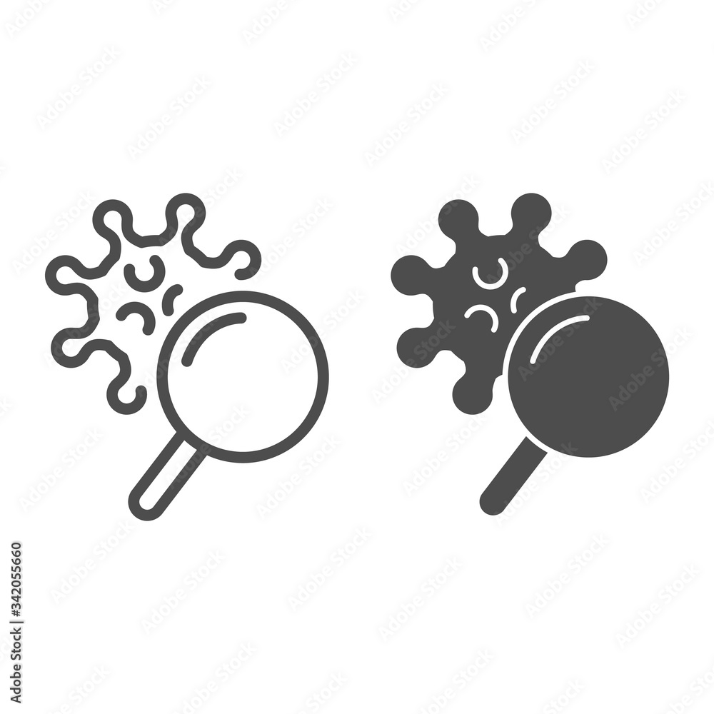 Poster magnifier and bacteria line and solid icon. dangerous cell through magnifying glass outline style pi