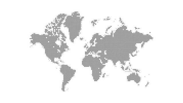Dynamic motion animation of a pixel map of world map. The appearance of Italy is animated in scale and opacity with blur. 4K UHD clip video animation. Map with light medical concept for Covid-19