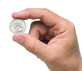A hand holding a quarter dollar coin with two fingers, isolated over a white background.