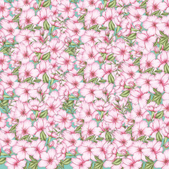 Background of pink flowers with leaves. Floral background.