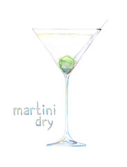 Watercolor hand drawn sketch illustration of cocktail martini dry with lettering isolated on white