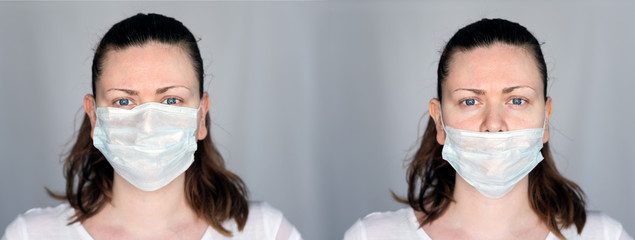 Young woman demonstrates the right and wrong way to wear a mask to avoid the spread of coronavirus Covid-19. Right way with the nose inside the mask and wrong way with the nose out of the mask