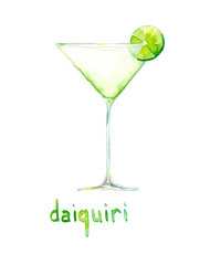 Watercolor hand drawn sketch illustration of Daiquiri cocktail with lettering isolated on white