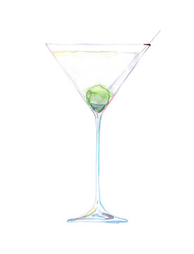 Watercolor hand drawn sketch illustration of cocktail martini dry isolated on white