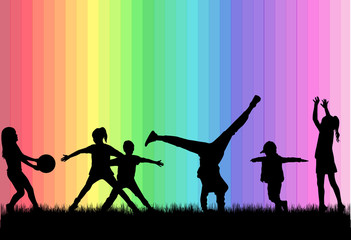 Children black silhouettes in nature.