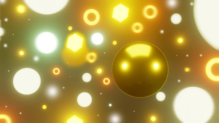 Christmas Golden Ball on Yellow Bokeh background, blurred lights. 3d Rendering.