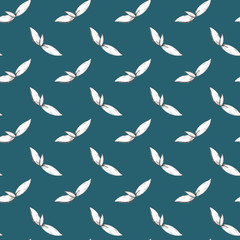 Leaves basil seamless doodle sketch pattren on a blue background. Print for banners, wrapping paper, posters, cards, invitations, fabrics, cafes, menus, restaurants, web design.