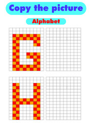 ABC coloring page. Alphabet pixel coloring with numbered squares for kids. Educational game for children. Copy the letters using the grid. Worksheet for kids. Stock vector illustration.