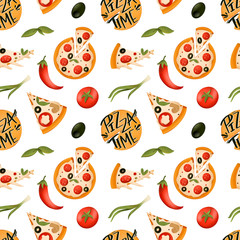 Bright pizza, piece of texture digital digital pattren on a white background. Print for banners, wrapping paper, posters, cards, invitations, fabrics, cafes, menus, restaurants, web design.