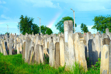 The Old Jewish cemetery at colorful sunset sky, Chernivtsi Ukraine.
