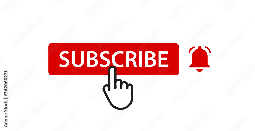 Poster Subscribtion button with notification bell and click finger icon, isolated vector design element on white background for web interface.