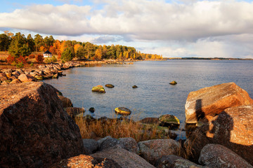Katariina Seaside Park, Kotka, Finland. View of the Gulf of Finland from the park, sunset....
