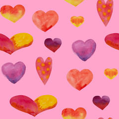 Aquarelle hand made pattern with hearts for fabric print, paper card, textile. Valentine's day, Birthday, Love