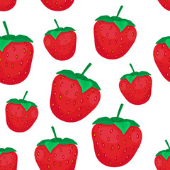 Seamless pattern cartoon natural strawberries on white. Vector illustration of fresh organic berries.