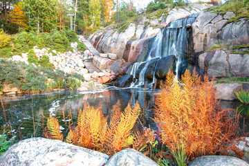 Kotka, Finland - Autumn Park "Sapokka". Sapokka Water Garden. The largest waterfall in Finland. Beautiful autumn landscape.