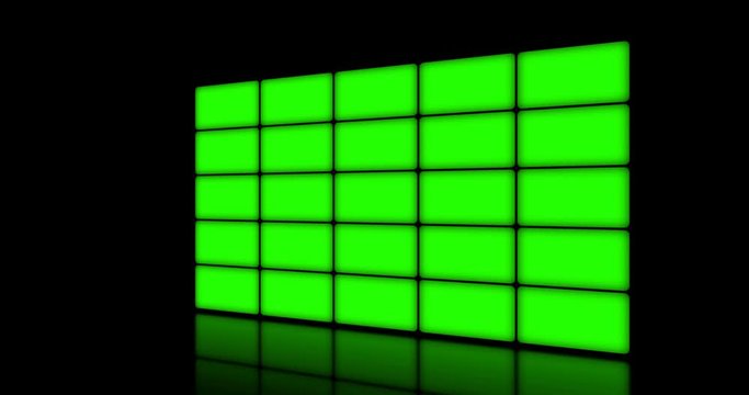 multi screen display with chroma key green screen, on black background