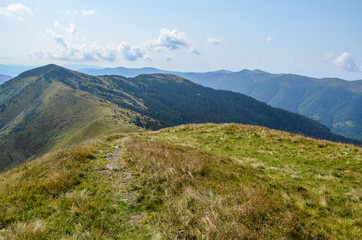 View from the top of Carpathian Mountains, grassy meadow of a hillside under the blue sky with clouds in summer day, Ukraine