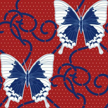 Symmetric ornament of butterflies, dots and curlicues on a blue background. Seamless pattern. Vector hand-drawn illustration. Design for fabric and wallpaper.