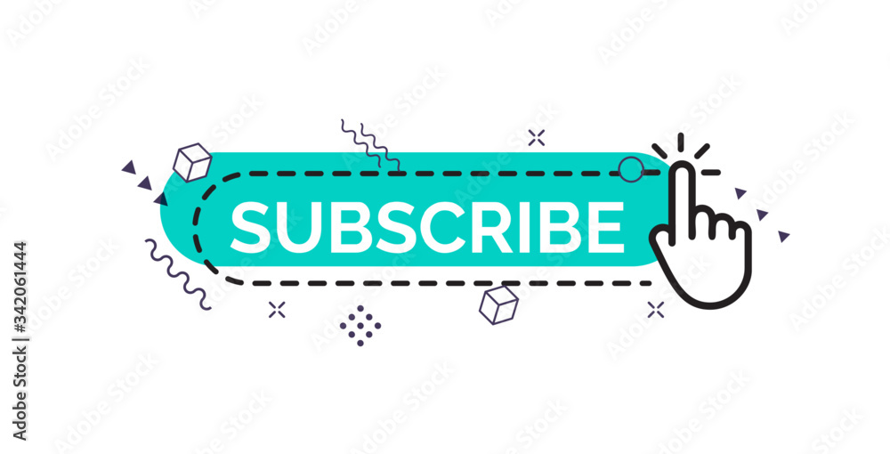 Aufkleber Subscribe button with finger and memphis design elements, creative art button for social media channel, web vector icon.