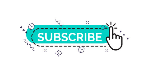 Subscribe button with finger and memphis design elements, creative art button for social media channel, web vector icon.